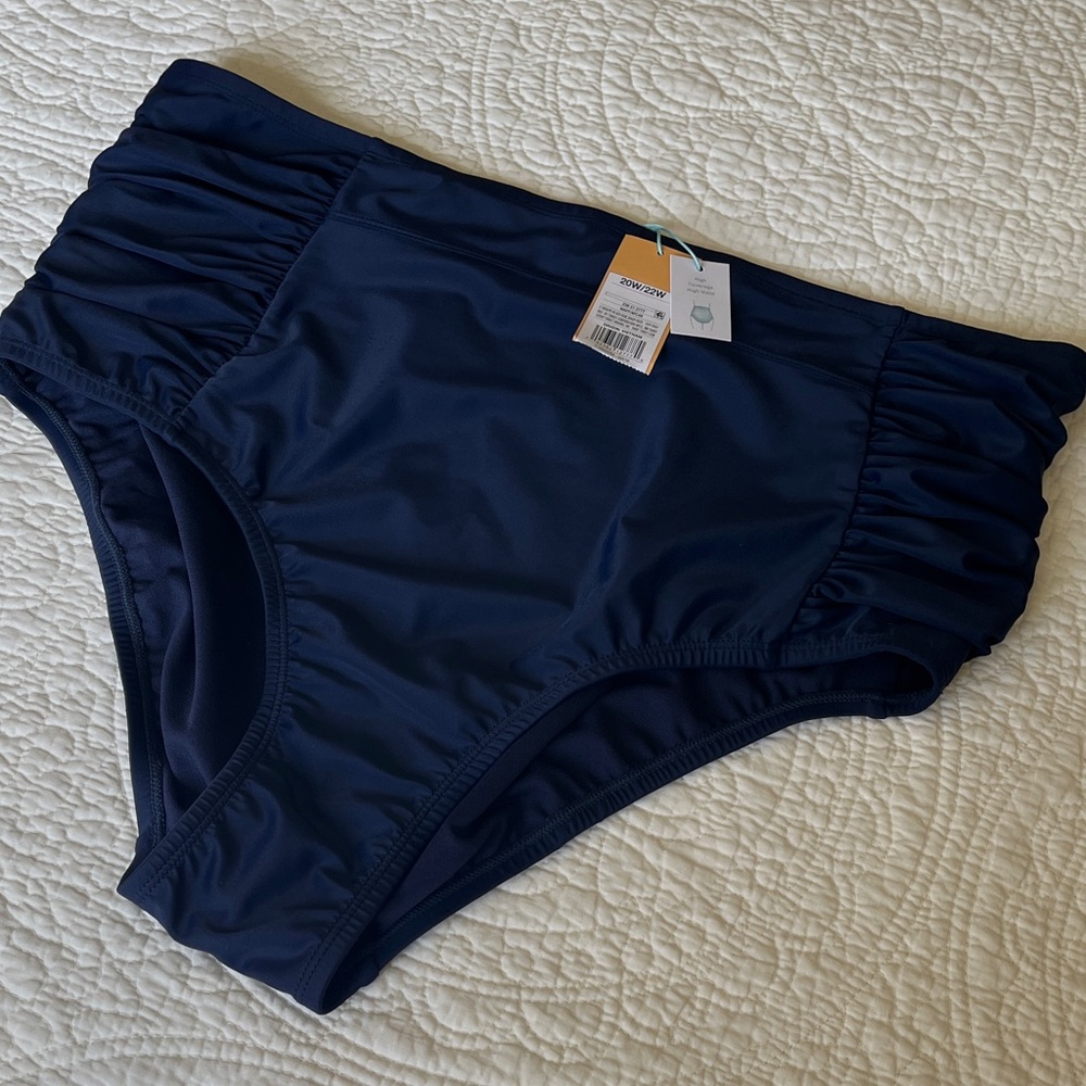 NWT High Waist Coverage Navy Blue Swim Bottoms Womens 20W/22 Runched Sides Comfy